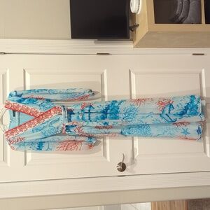 WHBM maxi, long sleeve, puff sleeve, v neck, tie waist, beach print dress